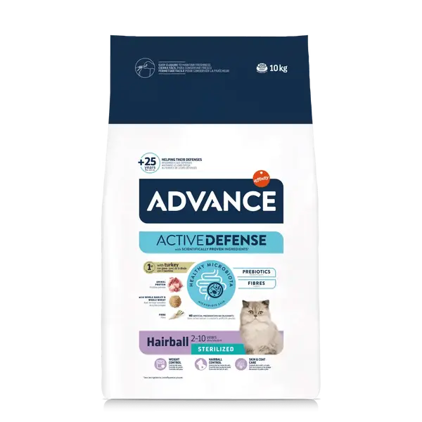 Advance Cat Hairball Sterilized - Суха храна против космени топки за  кастрирани котки с пуешко и ечемик - 10 кг-