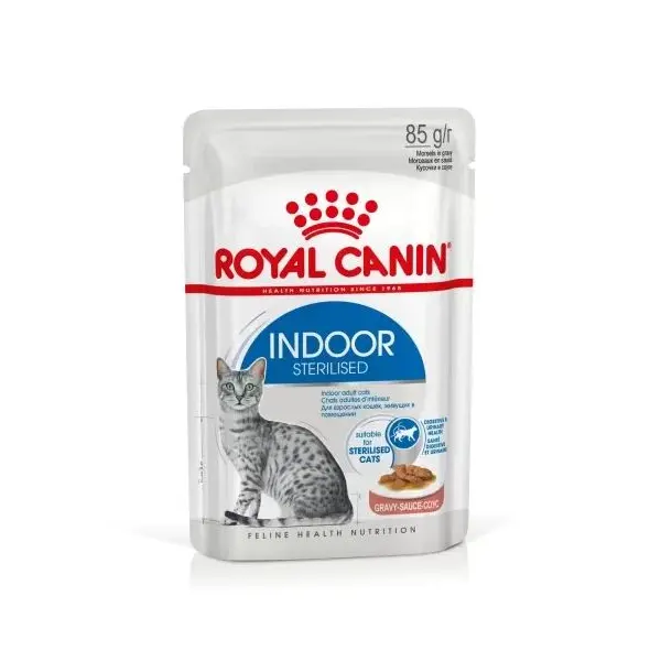 Royal Canin Indoor Sterilised Gravy - Пълноценна мокра храна за кастрирани котки, живеещи на закрито - парченца в сос в пауч 12х85 г