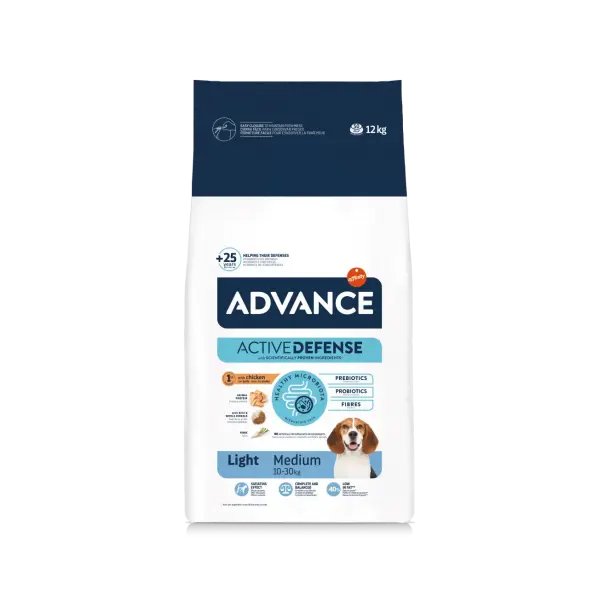 Advance Dog Medium Adult Light - суха храна за кучета от средни породи, склонни към напълняване, с пилешко и ориз - 12 кг