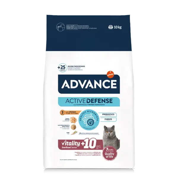 Advance Cat  Vitality Senior Sterilized Senior +10 - Суха храна за кастрирани възрастни котки с пилешко и ечемик - 1,5 кг