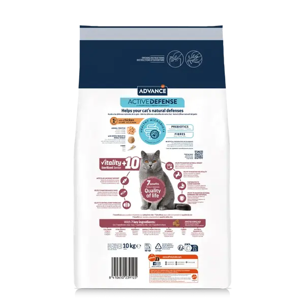 Advance Cat  Vitality Senior Sterilized Senior +10 - Суха храна за кастрирани възрастни котки с пилешко и ечемик - 1,5 кг