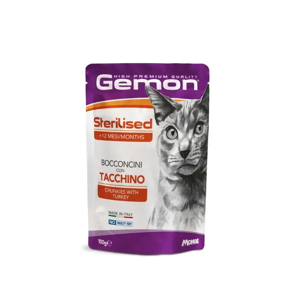 Gemon Sterilised Cat Chunkies with Turkey - Пълноценна мокра храна за кастрирани котки с пуешко - пауч 100 г