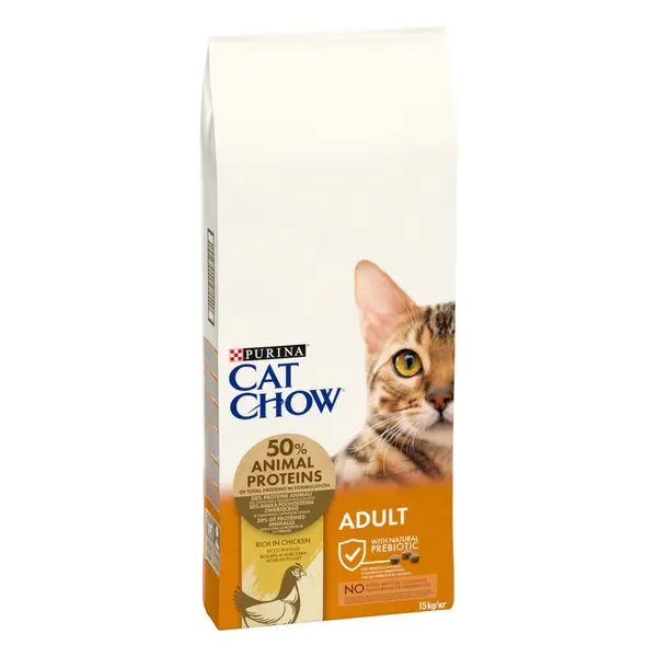 CAT CHOW Adult - Пълноценна суха храна за котки с пиле и пуйка - 15kg