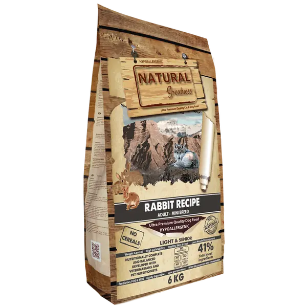 Natural Greatness Rabbit Sensitive Adult Mini Senior and Light - Суха храна със заешко за кучета от мини породи - 6 кг