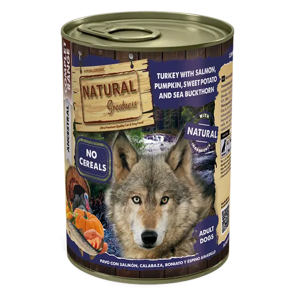 Natural Greatness Salmon with Turkey - Консерва за кучета със сьомга и пуйка, тиква, батати и облепиха - 400 г