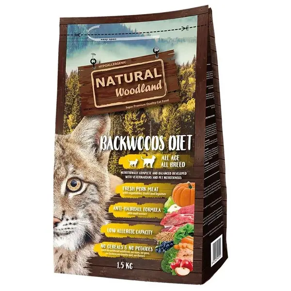 Natural Woodland Backwoods Diet - Суха храна за котки с Иберийско свинско месо - 1,5 кг