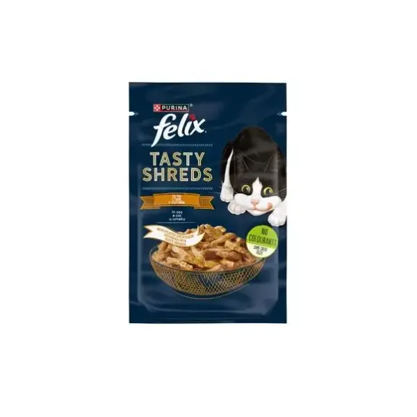 Felix Tasty Shreds Chicken -мокра храна за котки пиле в сос - пауч 80г