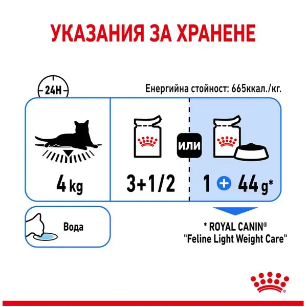 Royal Canin Light Weight Care - Пълноценна мокра храна за котки, склонни към напълняване - парченца в сос в пауч 12х85 г