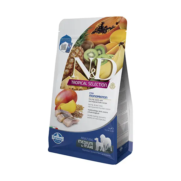 N&D DOG Tropical Selection Adult MEDIUM&MAXI Herring and Tropical fruits – суха храна за кучета над 1 година от едри породи, с херинга, спелта - 2 кг