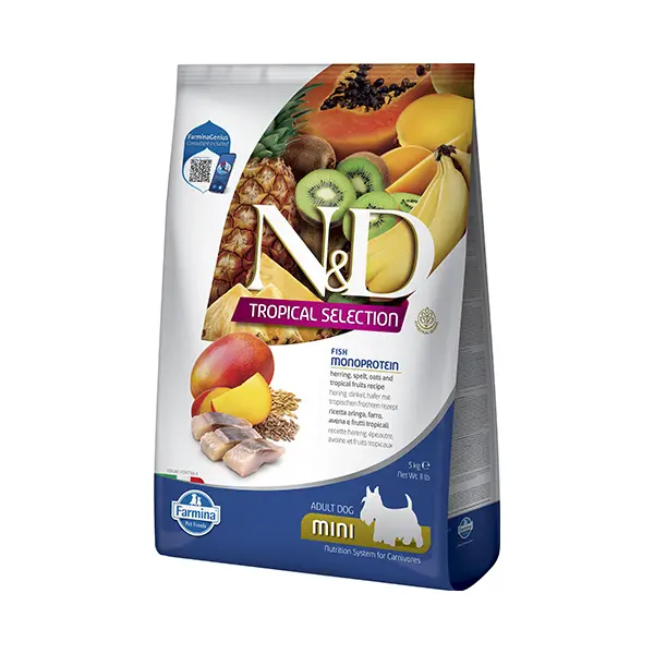 N&D DOG Tropical Selection Adult MINI Herring and Tropical fruits – суха храна за кучета над 1 година от дребни породи, с херинга, спелта  - 5 кг