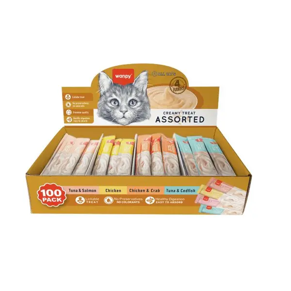 Wanpy Creamy Treat Assorted Cat - Кремообразно лакомство за котки - микс от вкусове, 100 броя х 14 г
