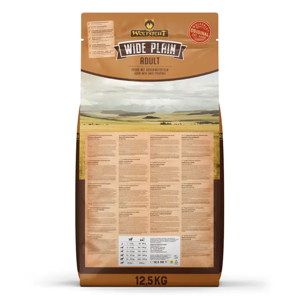 Wolfsblut Wide Plain Adult - суха храна за кучета с конско и сладки картофи, 12,5 кг