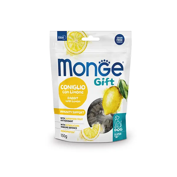 Monge Gift Super M Immunity Support – лакомство за кучета – меки хапки със заешко и лимон за подсилване на имунитета, без зърнени култури - СРОК 21.11.2025