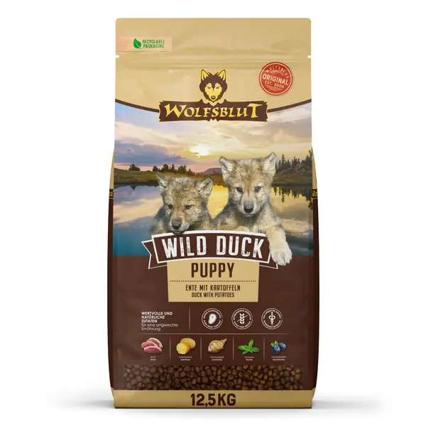 Wolfsblut Wild Duck Puppy - суха храна за малки кученца с дива патица и картофи, 12,5 кг