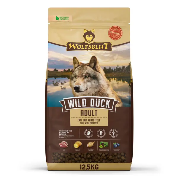 Wolfsblut Wild Duck Adult - суха храна за кучета с дива патица и картофи, 12,5 кг