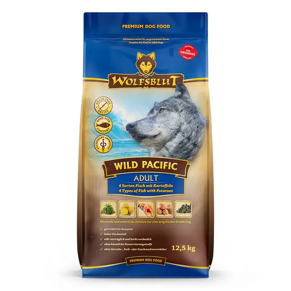 Wolfsblut Wild Pacific Adult - храна за кучета с дива тихоокеанска риба и картофи, 12,5 кг