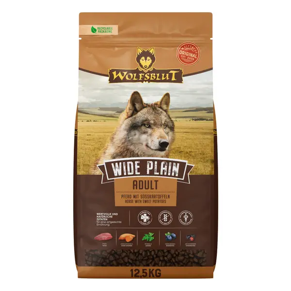 Wolfsblut Wide Plain Adult - суха храна за кучета с конско и сладки картофи, 12,5 кг