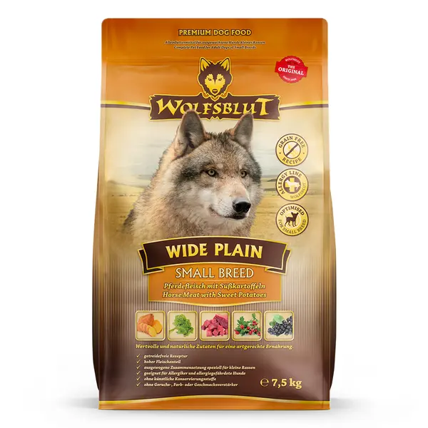 Wolfsblut Wide Plain Small Breed - суха храна за дребни породи кучета с конско и сладки картофи, 7.5 кг