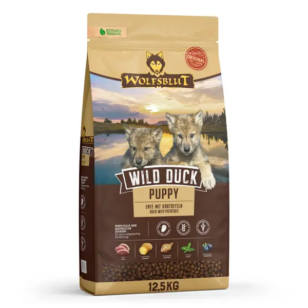 Wolfsblut Wild Duck Puppy - суха храна за малки кученца с дива патица и картофи, 12,5 кг