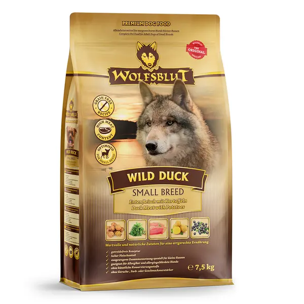Wolfsblut Wild Duck Small Breed - суха храна за кучета от дребни породи с дива патица и картофи, 7,5 кг