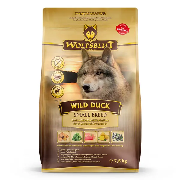 Wolfsblut Wild Duck Small Breed - суха храна за кучета от дребни породи с дива патица и картофи, 7,5 кг
