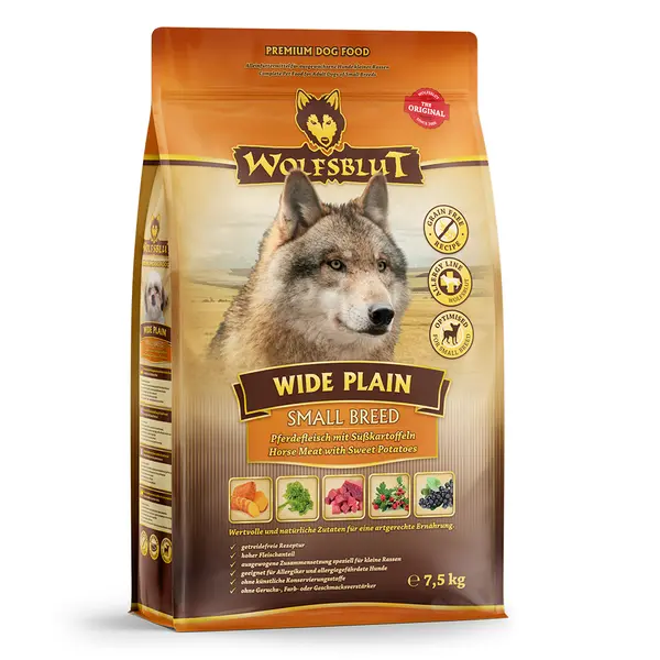 Wolfsblut Wide Plain Small Breed - суха храна за дребни породи кучета с конско и сладки картофи, 7.5 кг