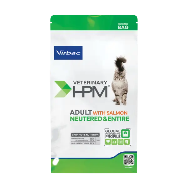 Virbac HPM Adult with salmon Neutered & Entire Cat -  пълноценна храна със сьомга, за кастрирани и некастрирани котки над 12 месеца - 7 кг