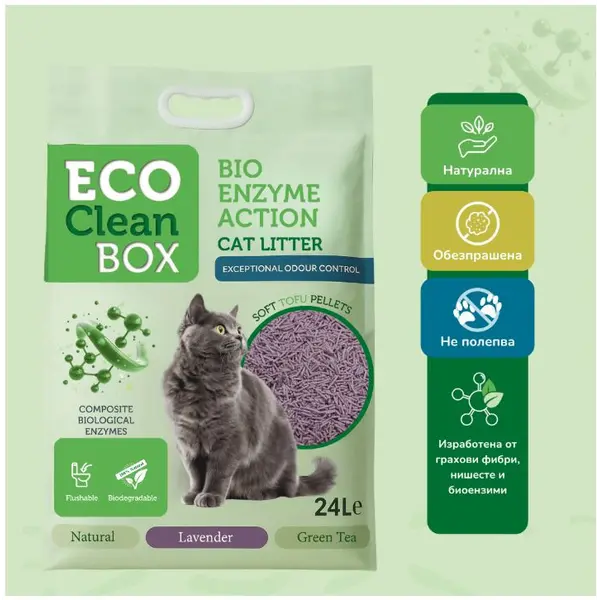 Eco Clean Box Тофу котешка тоалетна с биоензими ЛАВАНДУЛА, 2.5кг / 6л