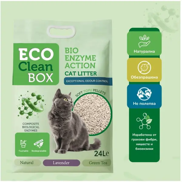 Eco Clean Box Тофу котешка тоалетна с биоензими НАТУРАЛ, 2.5кг / 6л