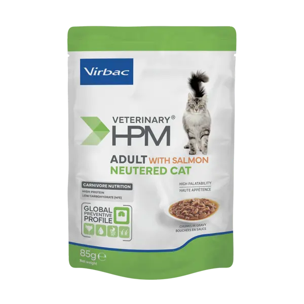 Virbac HPM Cat Adult Neutered Salmon Pouch - хапки със съомга в сос грейви, за кастрирани котки над 12 месеца, пауч - 12х85 г