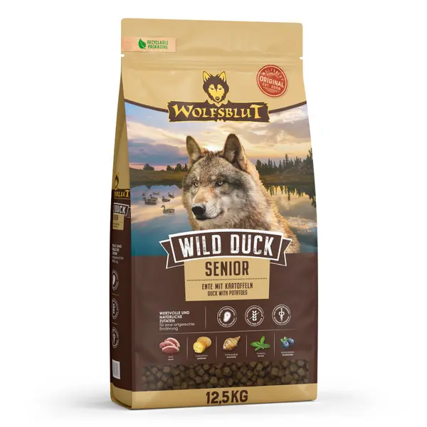 Wolfsblut Wild Duck Senior - суха храна за възрастни кучета с дива патица и картофи, 12,5 кг