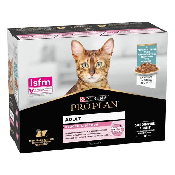 Pro Plan Delicate - Пълноценна мокра храна за котки в зряла възраст с риба, пауч 10 х 85 г
