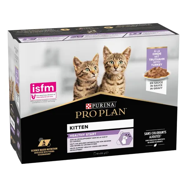 Pro Plan Kitten Healthy Start - Пълноценна мокра храна за малки котенца, с пуйка в сос, пауч 10 х 85 г