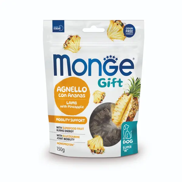 Monge Gift Super M Mobility Support – лакомство за кучета – меки хапки с агнешко и ананас за грижа за ставите, без зърнени култури - СРОК 22.11.2025