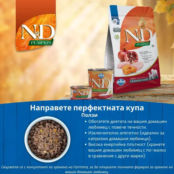 N&D Pumpkin Dog Chicken & Pomegranate Puppy MINI – суха храна без зърнени култури за подрастващи кученца от дребни породи, с пилешко, тиква и нар - 2,5 кг