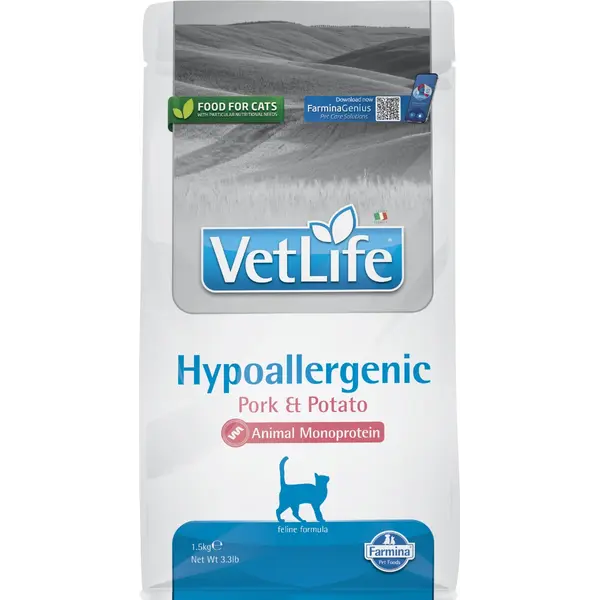 Farmina Vet Life Feline Hypoallergenic Pork & Potato - Пълноценна храна за котки за намаляване на непоносимостта към някои съставки и хранителни вещества - 1,5 кг