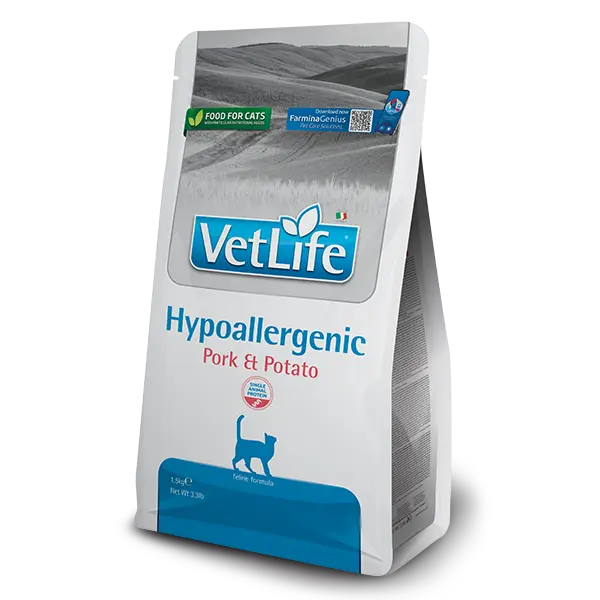 Farmina Vet Life Feline Hypoallergenic Pork & Potato - Пълноценна суха храна за котки за намаляване на непоносимостта към някои съставки и хранителни вещества - 400 г