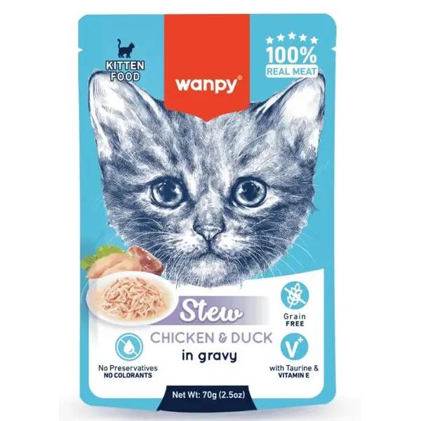Wanpy Stew KITTEN Chicken and Duck in gravy - пауч за малки котенца, ароматно стю с пилешко и патешко в сос, 70 г