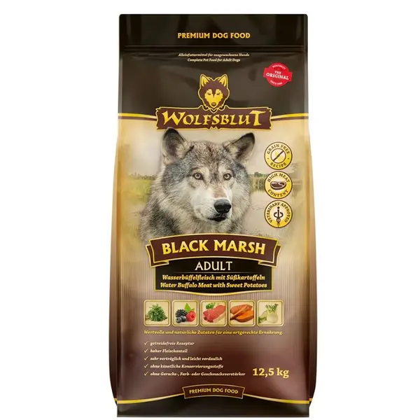 Wolfsblut Black Marsh Adult - суха храна за кучета с воден бивол и сладки картофи, 12,5 кг