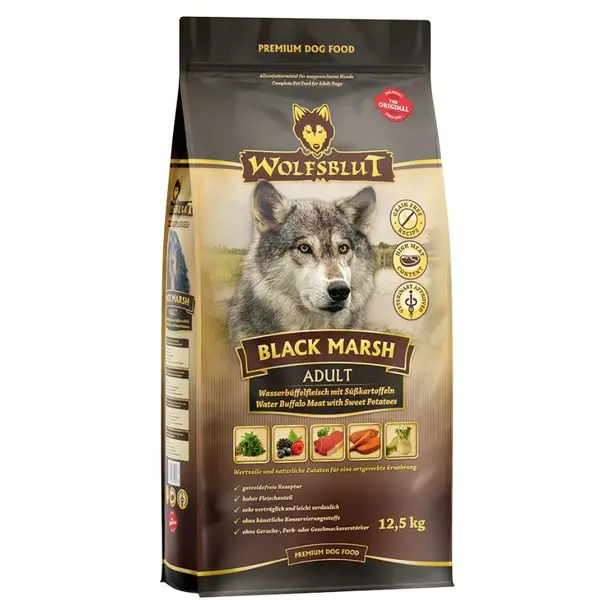 Wolfsblut Black Marsh Adult - суха храна за кучета с воден бивол и сладки картофи, 12,5 кг
