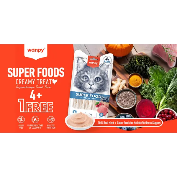Wanpy Cat Superfoods - Кремообразно лакомство за котки с вкус на риба тон и горски плодове, 5х14 г