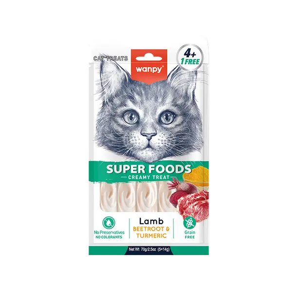 Wanpy cat Superfoods - Кремообразно лакомство за котки с вкус на агнешко и куркума, 5х14 г
