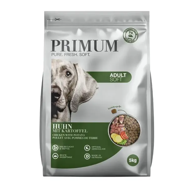 Primum Soft Monoprotein Chicken – мека, полувлажна гранулирана храна за израснали кучета, без зърно, с пилешко и картофи, 5 кг