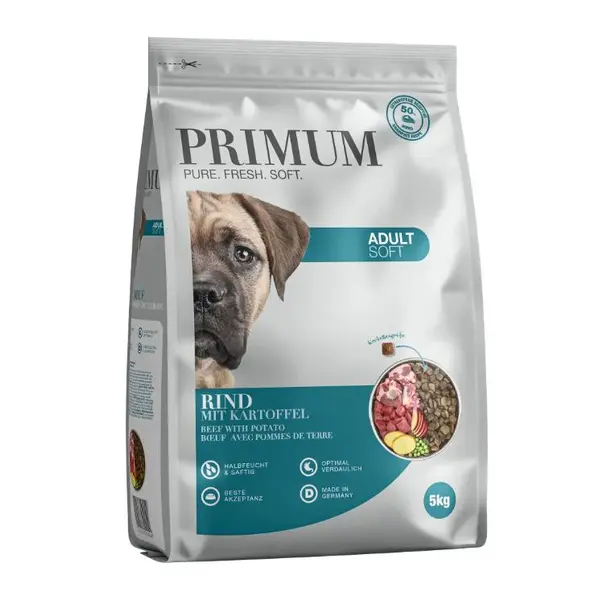 Primum Soft Monoprotein Beef – мека, полувлажна гранулирана храна за израснали кучета, без зърно, с говеждо и картофи, 5 кг