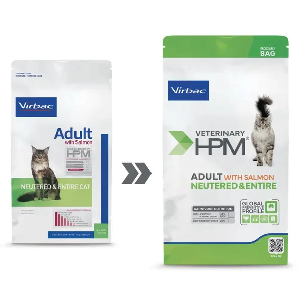 Virbac HPM Adult with salmon Neutered & Entire Cat -  пълноценна храна със сьомга, за кастрирани и некастрирани котки над 12 месеца - 1,5 кг