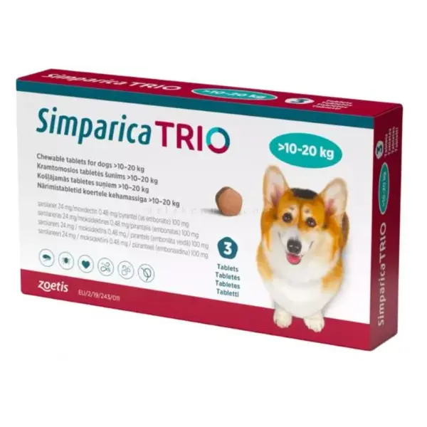 Simparica Trio / Симпарика Трио 5 - 10 кг - за вътрешно и външно обезпаразитяване на кучета - КУТИЯ (3 бр. таб)