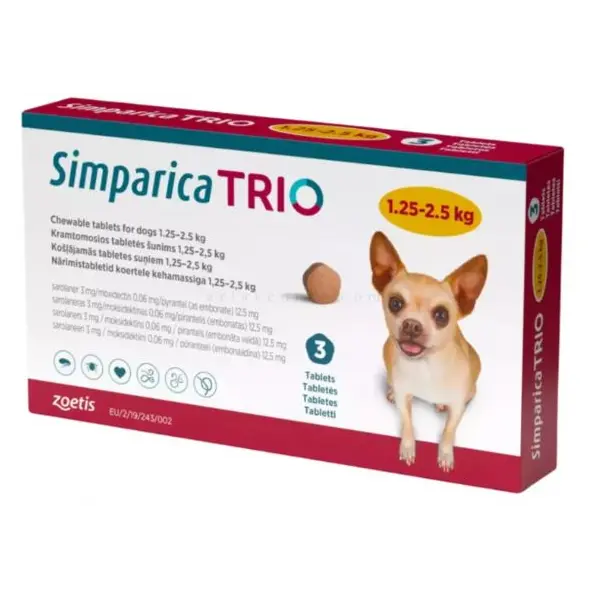 Simparica Trio / Симпарика Трио 10 - 20 кг - за вътрешно и външно обезпаразитяване на кучета - КУТИЯ (3 бр. таб)