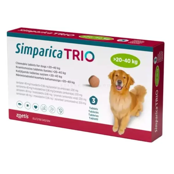 Simparica Trio / Симпарика Трио 5 - 10 кг - за вътрешно и външно обезпаразитяване на кучета - КУТИЯ (3 бр. таб)