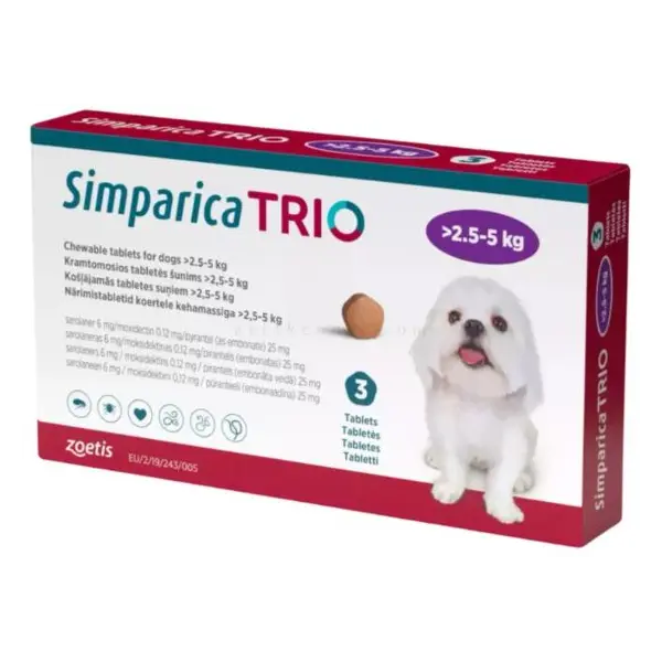 Simparica Trio / Симпарика Трио 20 - 40 кг - за вътрешно и външно обезпаразитяване на кучета - КУТИЯ (3 бр. таб)