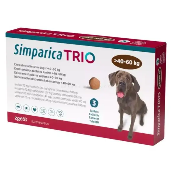 Simparica Trio / Симпарика Трио 2.5 - 5 кг - за вътрешно и външно обезпаразитяване на кучета - КУТИЯ (3 бр. таб)